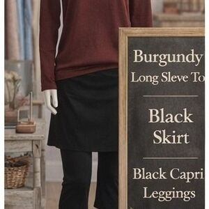 Burgundy Long Sleeve Top with Black Skirt and Capri Leggings